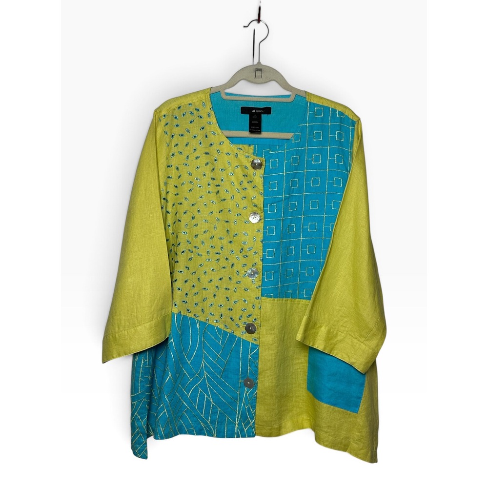 Ali Miles Linen Patchwork Tunic Top Blue Green Embroidered 3/4 Sleeve Size 1X